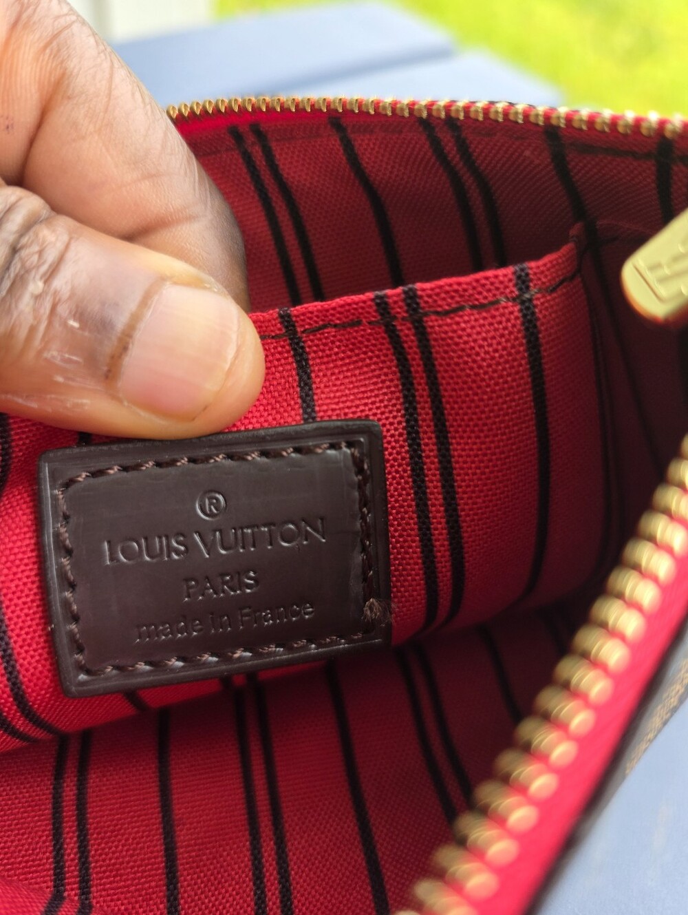 Louis Vuitton Damier Ebene Neverfull Pochette Wristlet Pouch Clutch Red Lining - Picture 8 of 8